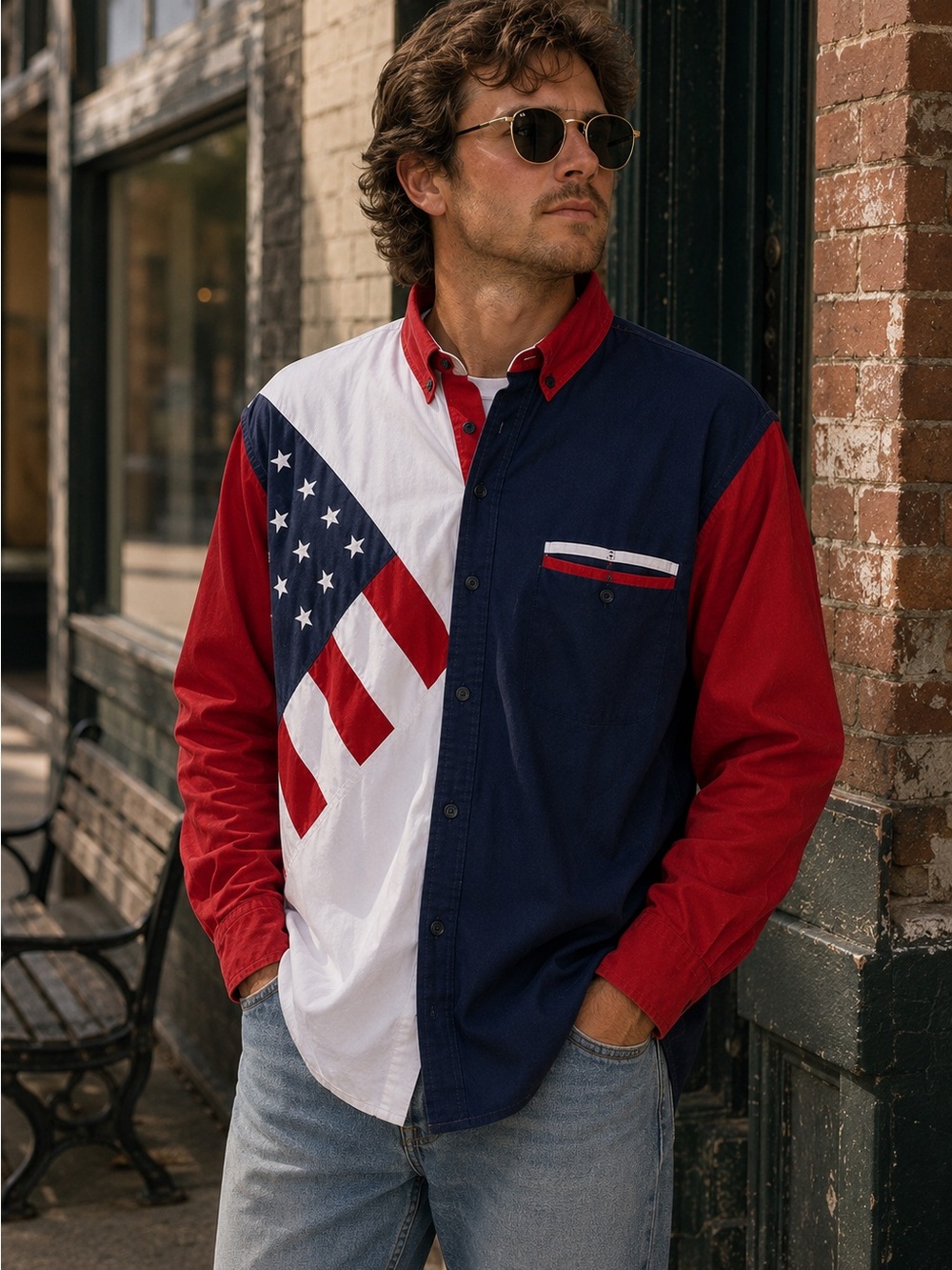 Men's Patriotic Colorblock Button-Up Shirt - Red Navy White